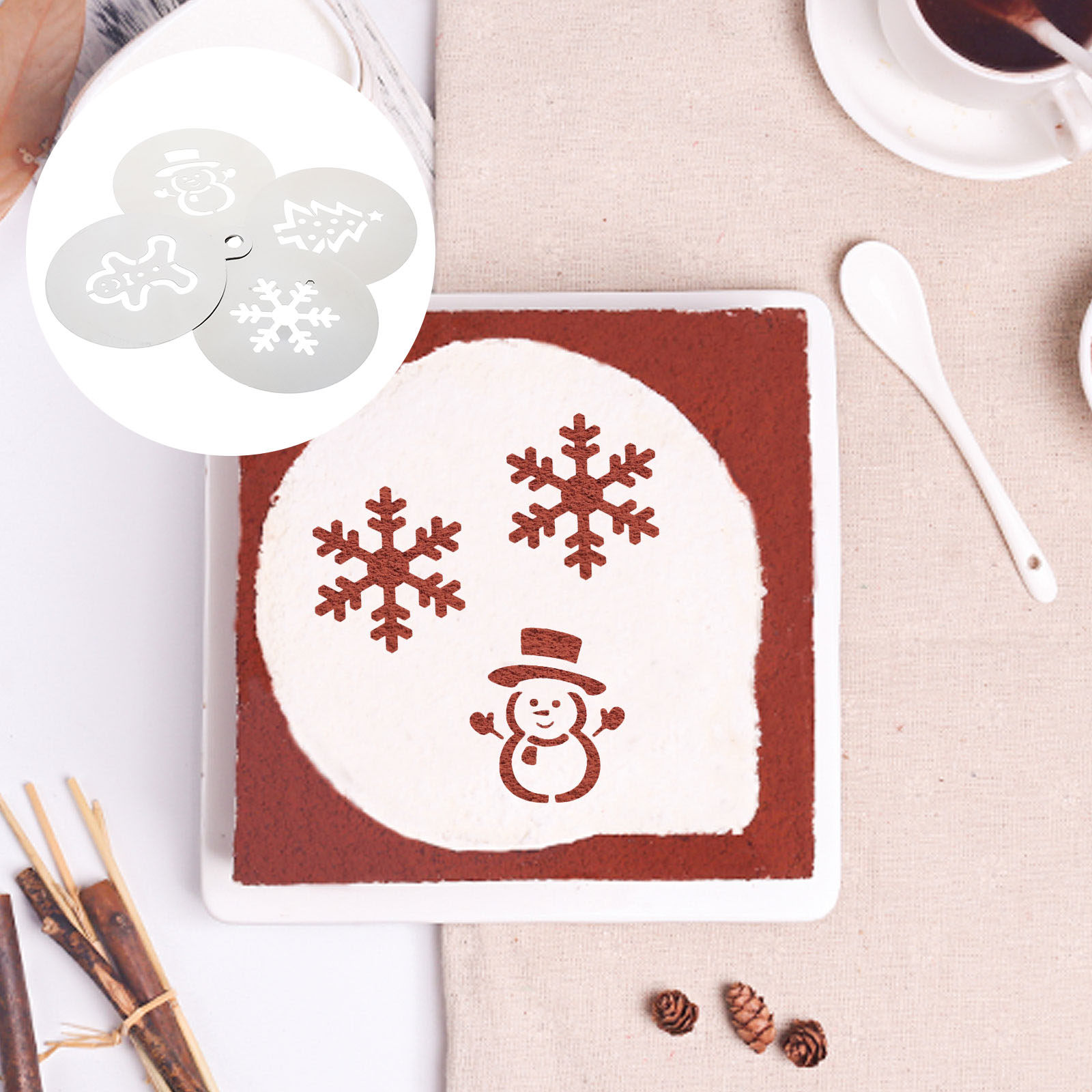 Coffee Stencil Art - 4Pcs Stainless Steel Christmas Cake Stencils